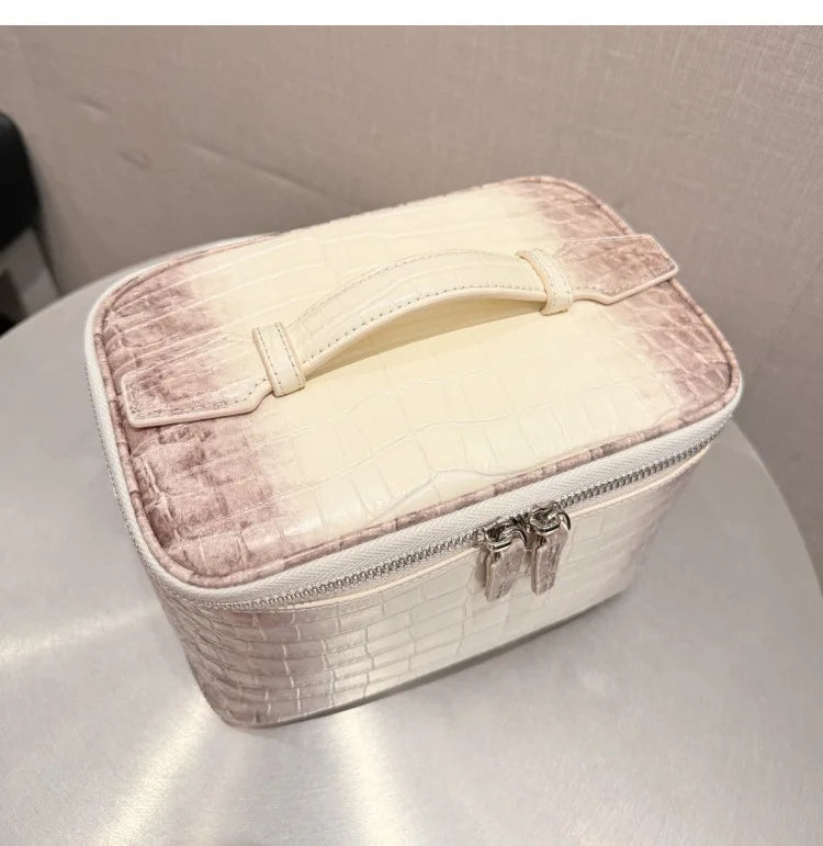 Neceser de maquillaje de piel de vaca de primera capa con estampado de cocodrilo, gran capacidad, estuche de viaje para artículos de aseo femenino, organizador clásico, bolsa de cosméticos