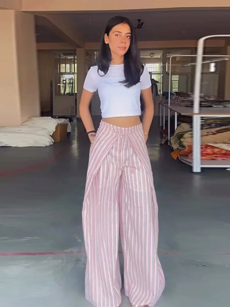 Pantalones de mujer con rayas en las piernas, pantalones ajustables con cintura cruzada, pantalones holgados de verano hasta el suelo estilo boho palazzo, conjunto para mujer