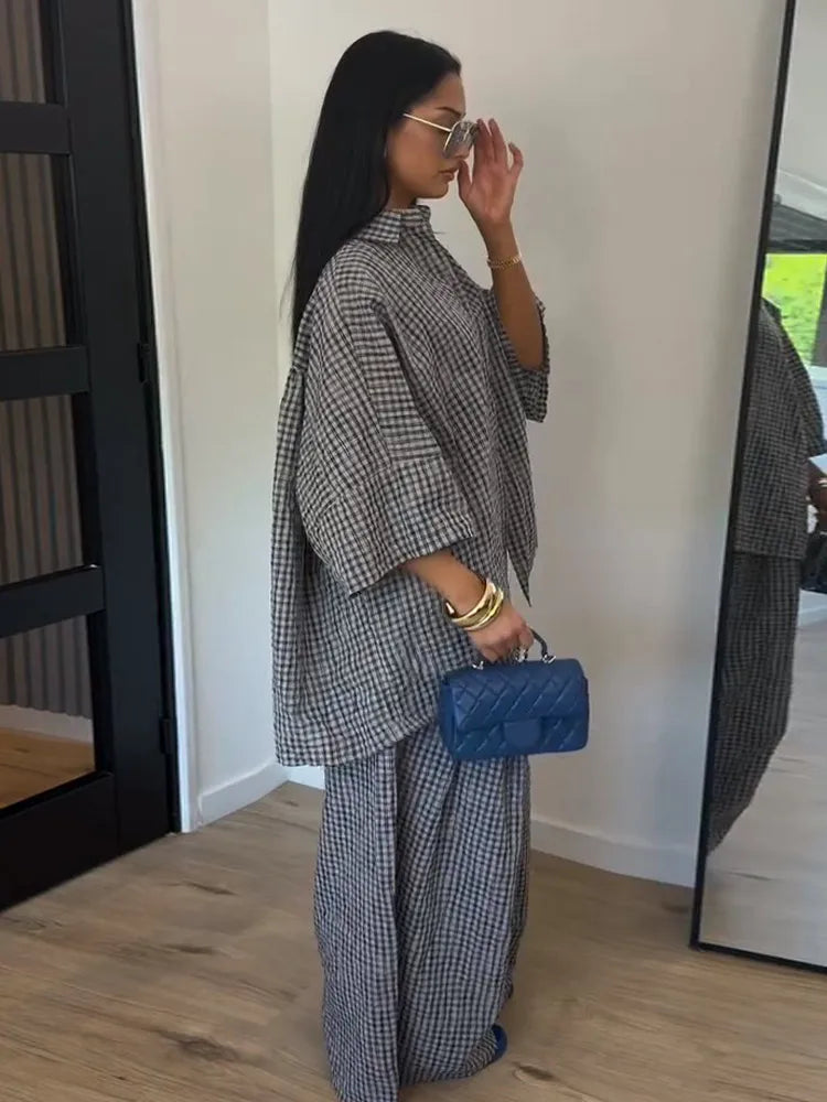 Conjunto Camisa y Pantalón 2 Piezas – Estampado Cuadros, Moda Casual Mujer 2026