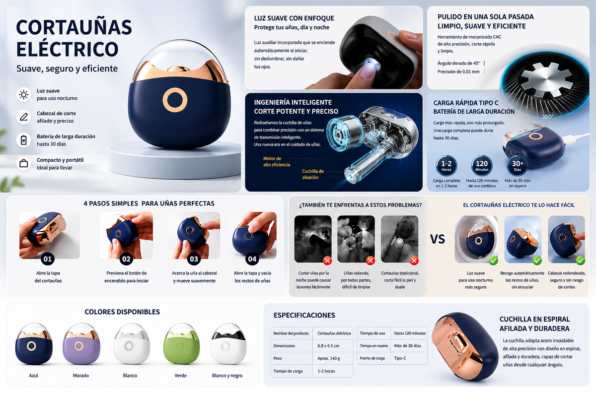 Mini cortauñas eléctrico de alta calidad, ultra silencioso con luz, para adultos, para manicura, recargable, lima de uñas, cortauñas automático.